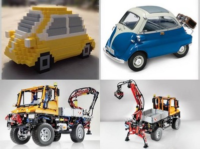 上圖為樂高按1:3比例拼搭的寶馬經(jīng)典微車 Isetta，下圖為樂高拼砌的奔馳 Unimog U 400工程車。